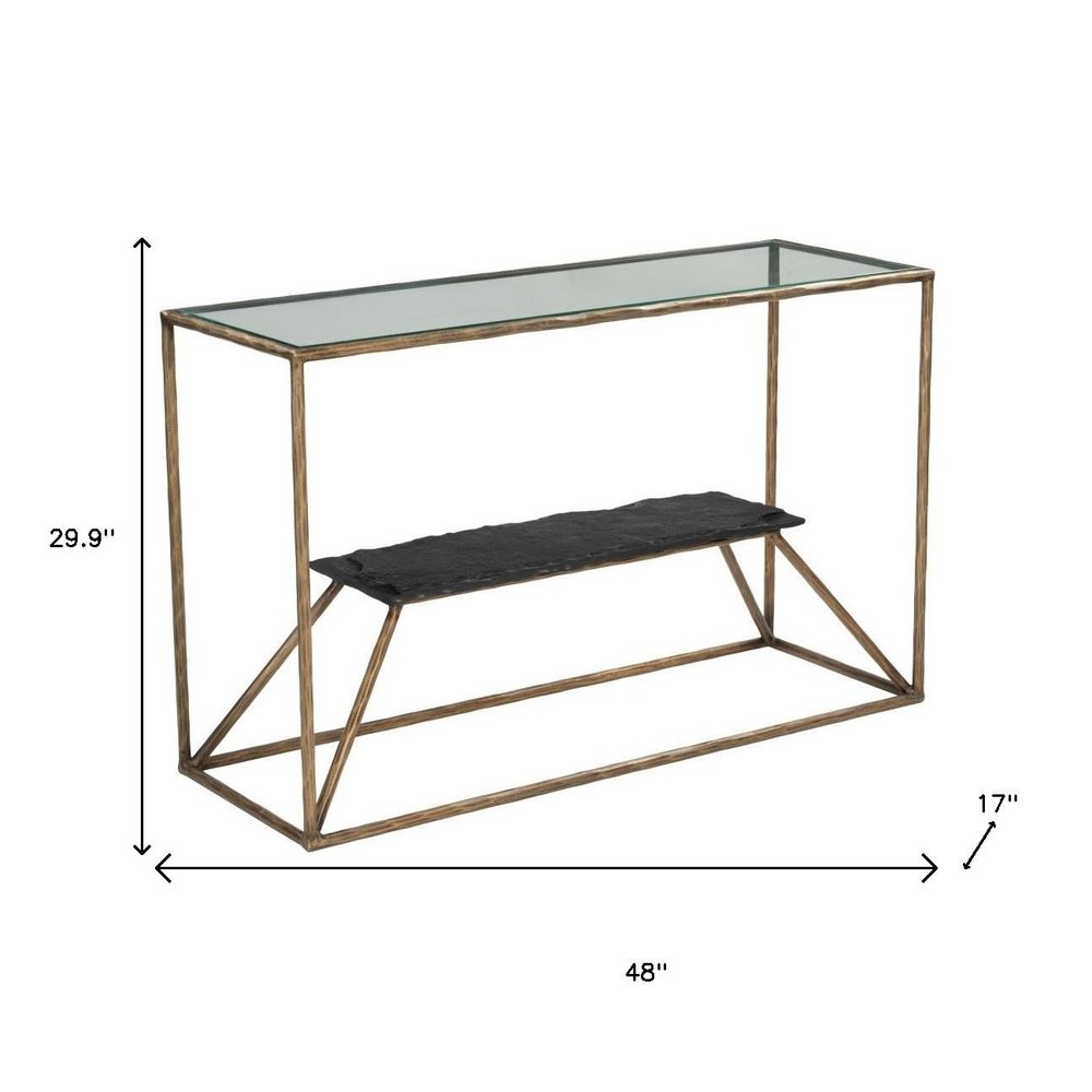 48" Clear and Brass Glass Iron and Stone Frame Console Table With Shelf HomeRoots