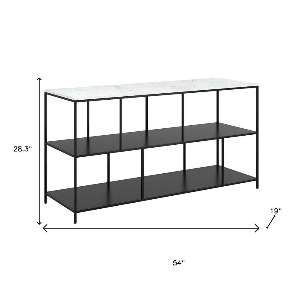 54" White and Black Genuine Marble and Steel Frame Console Table With Two Shelves — view 10