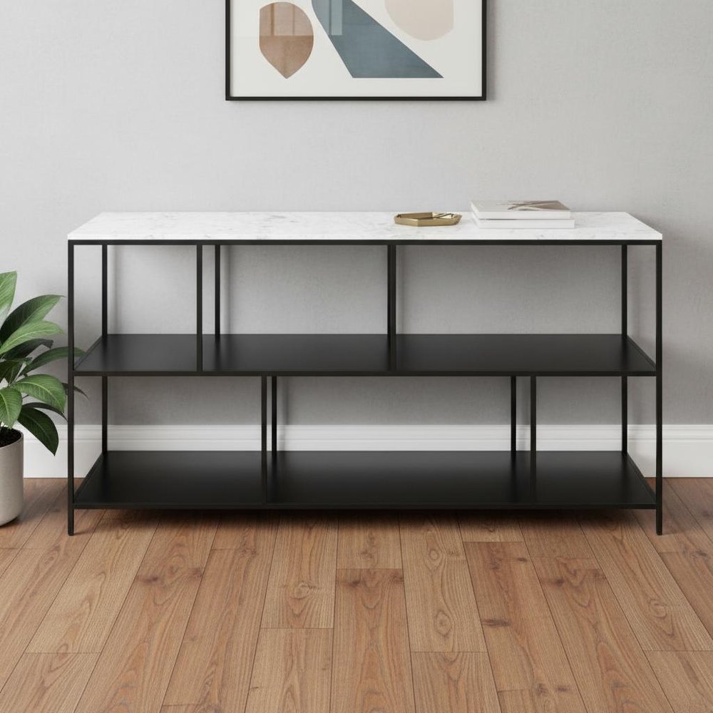 54" White and Black Genuine Marble and Steel Frame Console Table With Two Shelves — view 4