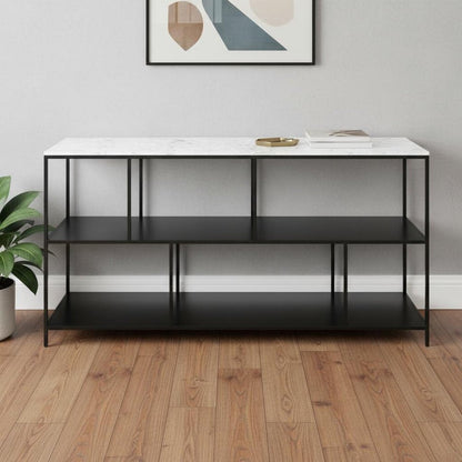 54" White and Black Genuine Marble and Steel Frame Console Table With Two Shelves HomeRoots