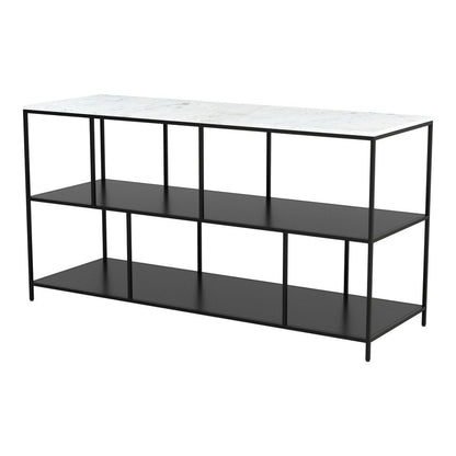 54" White and Black Genuine Marble and Steel Frame Console Table With Two Shelves