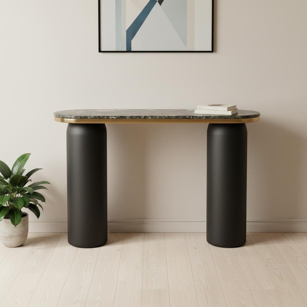 43" Black and Gold Genuine Marble and Steel Double Pedestal Console Table HomeRoots