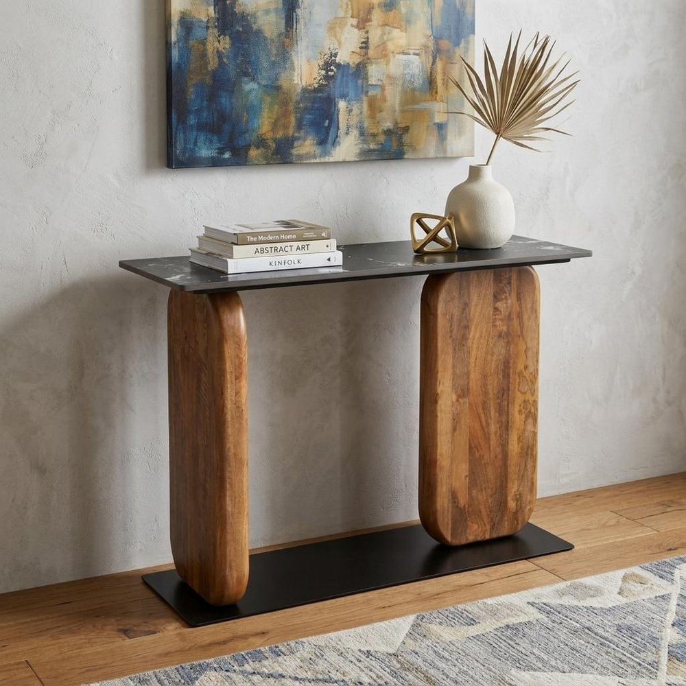 43" Black and Brown Genuine Marble and Solid Wood Solid Console Table HomeRoots