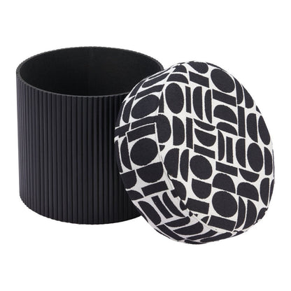 20" Black And White And Black Wood And Upholstery Cylinder Ottoman With Storage HomeRoots