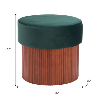20" Green And Brown Wood And Velvet Round Ottoman With Storage HomeRoots