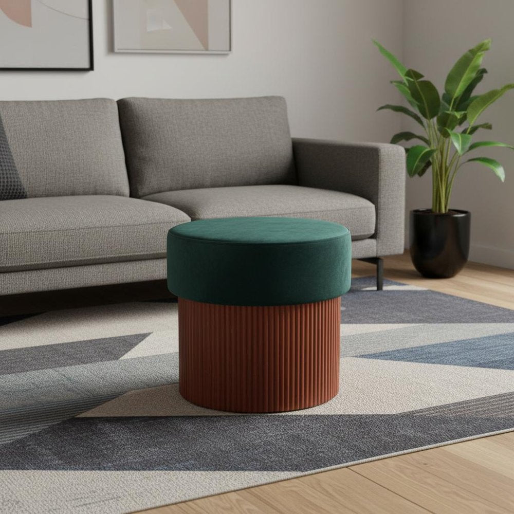 20" Green And Brown Wood And Velvet Round Ottoman With Storage — view 2