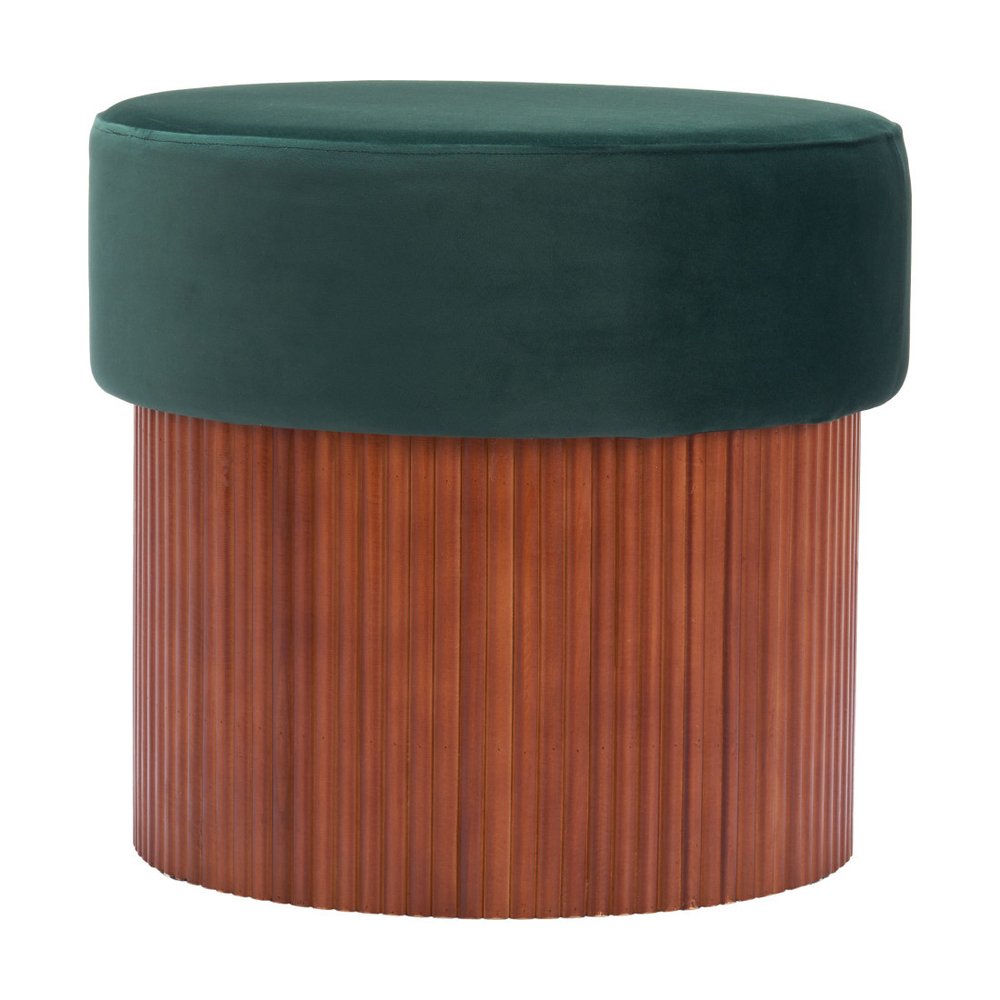 20" Green And Brown Wood And Velvet Round Ottoman With Storage HomeRoots