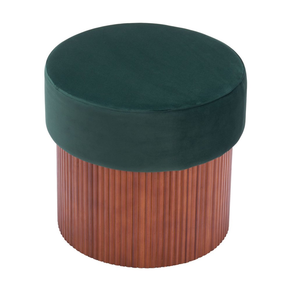 20" Green And Brown Wood And Velvet Round Ottoman With Storage HomeRoots
