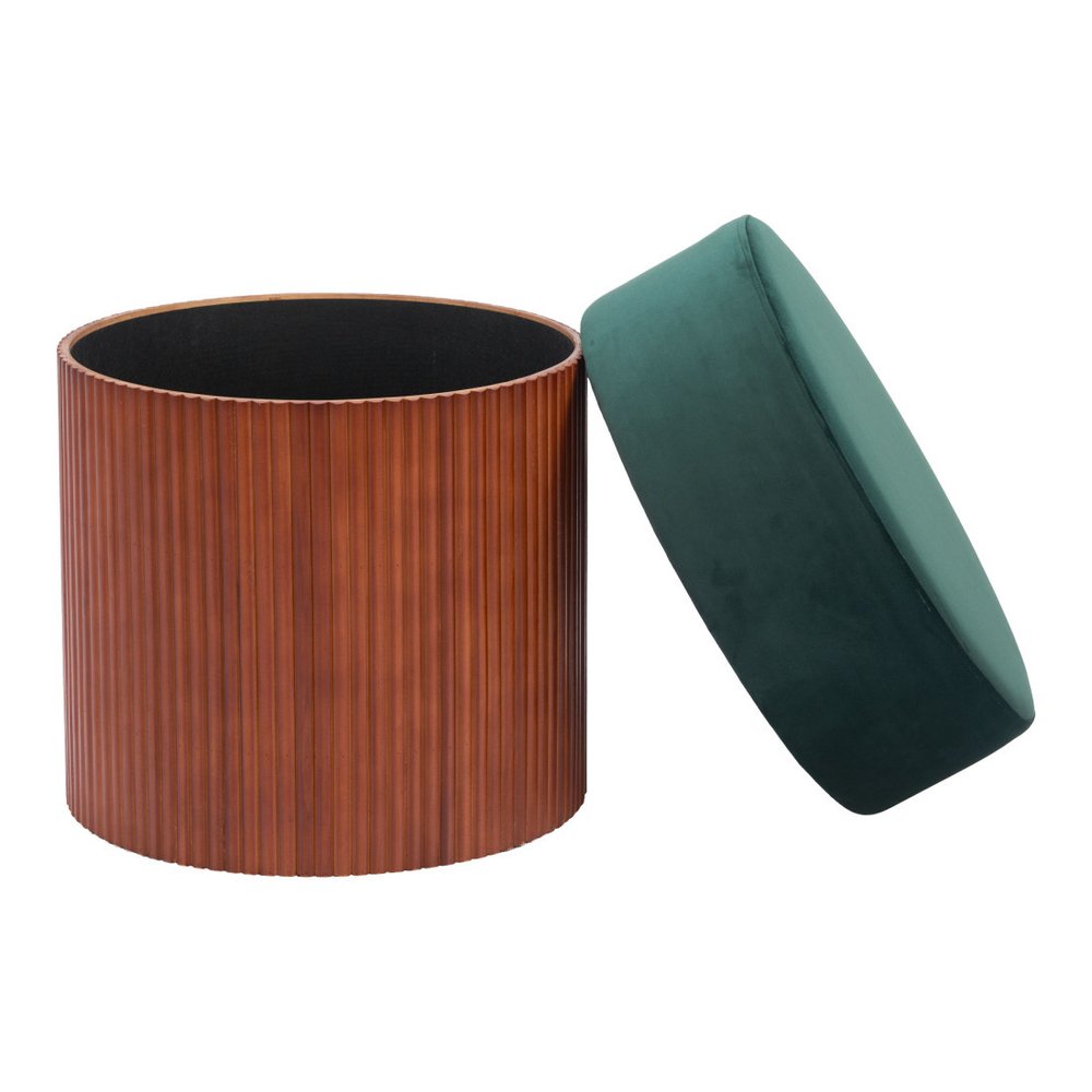 20" Green And Brown Wood And Velvet Round Ottoman With Storage HomeRoots
