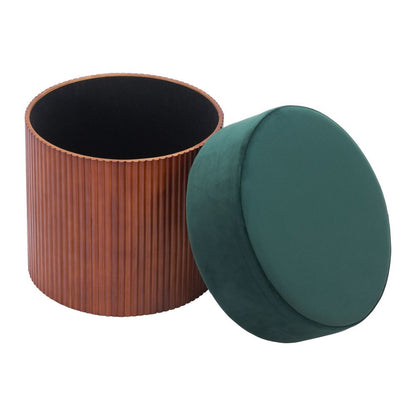 20" Green And Brown Wood And Velvet Round Ottoman With Storage HomeRoots