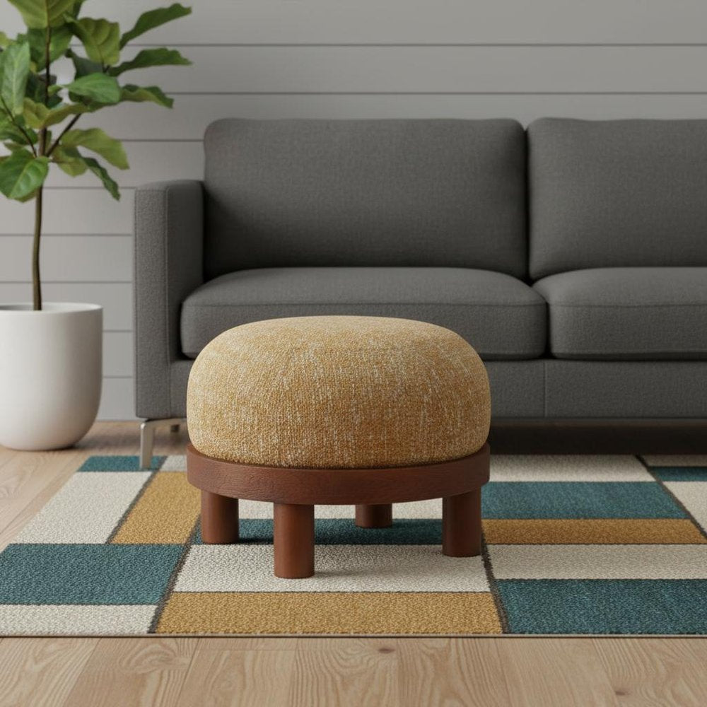23" Wisteria And Brown Upholstery Abstract Round Ottoman HomeRoots