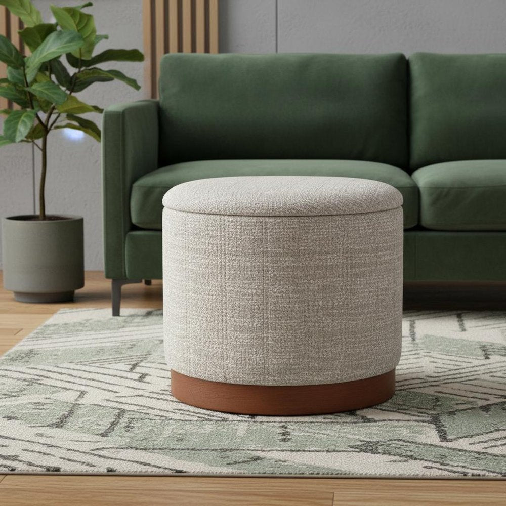 20" Gray Wood And Fabric Round Ottoman With Storage — view 2