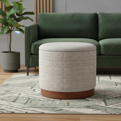 20" Gray Wood And Fabric Round Ottoman With Storage HomeRoots
