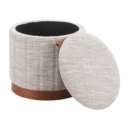 20" Gray Wood And Fabric Round Ottoman With Storage HomeRoots
