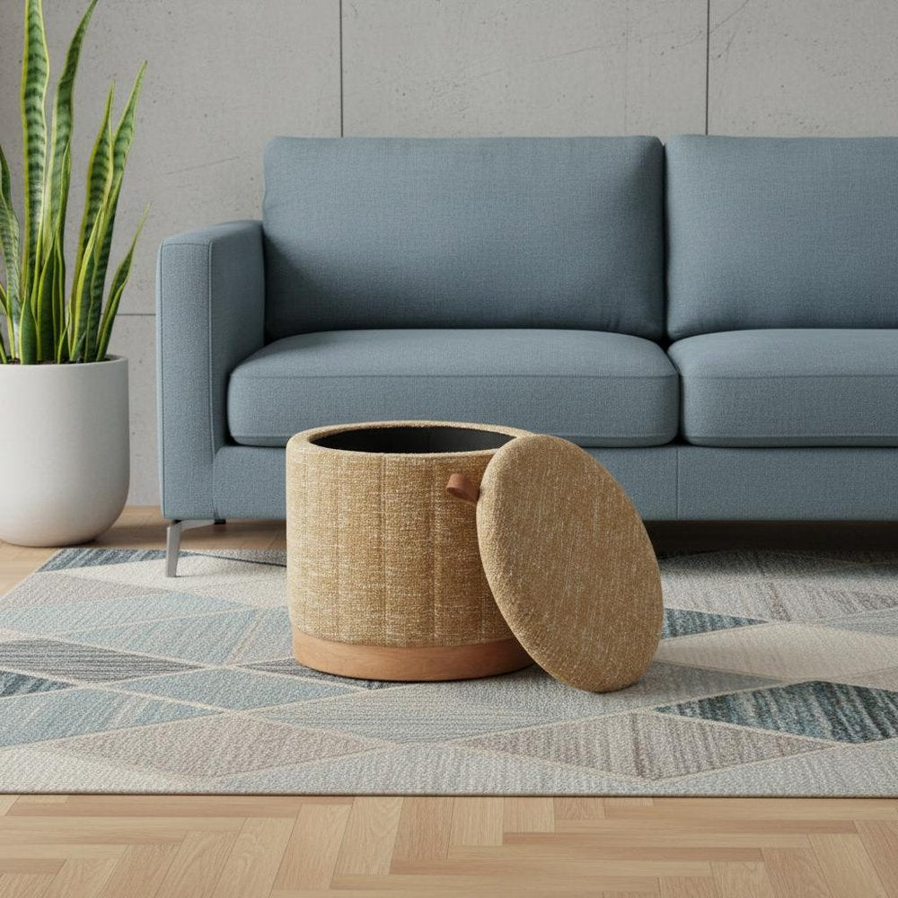20" Gray Wood And Fabric Round Ottoman With Storage — view 9