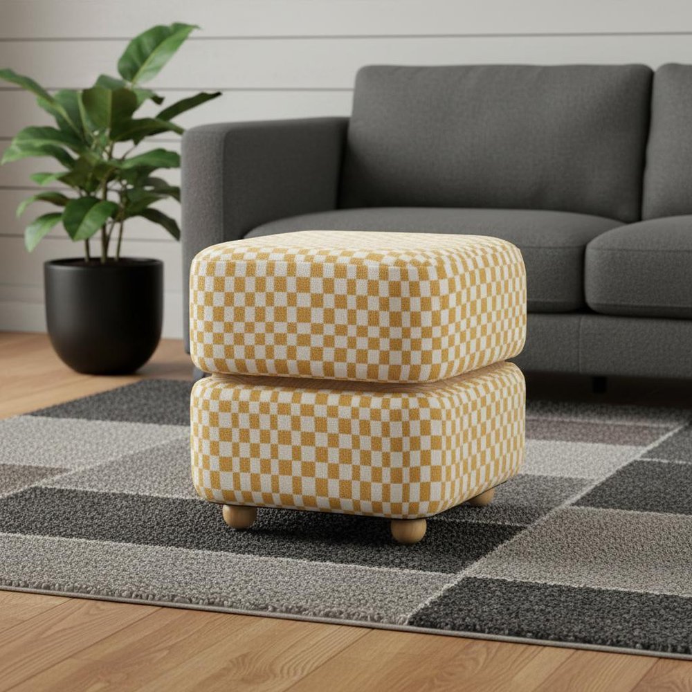 18" White Yellow And Natural Wood And Upholstery Checkered Ottoman — view 4