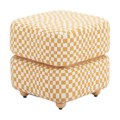 18" White Yellow And Natural Wood And Upholstery Checkered Ottoman HomeRoots