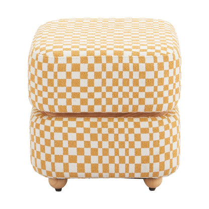 18" White Yellow And Natural Wood And Upholstery Checkered Ottoman