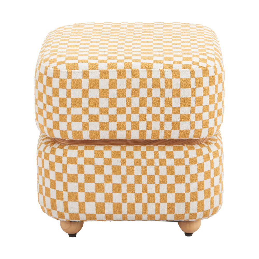 18" White Yellow And Natural Wood And Upholstery Checkered Ottoman HomeRoots