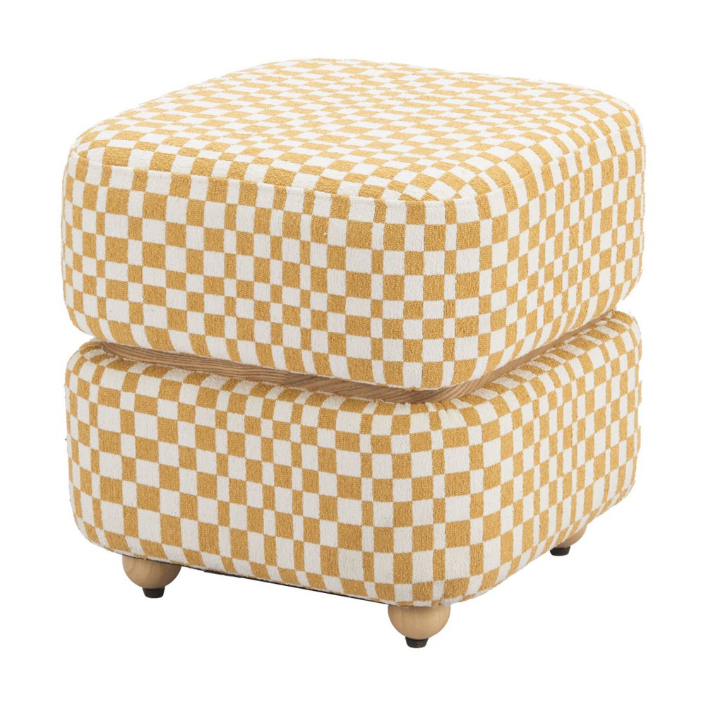 18" White Yellow And Natural Wood And Upholstery Checkered Ottoman — view 7