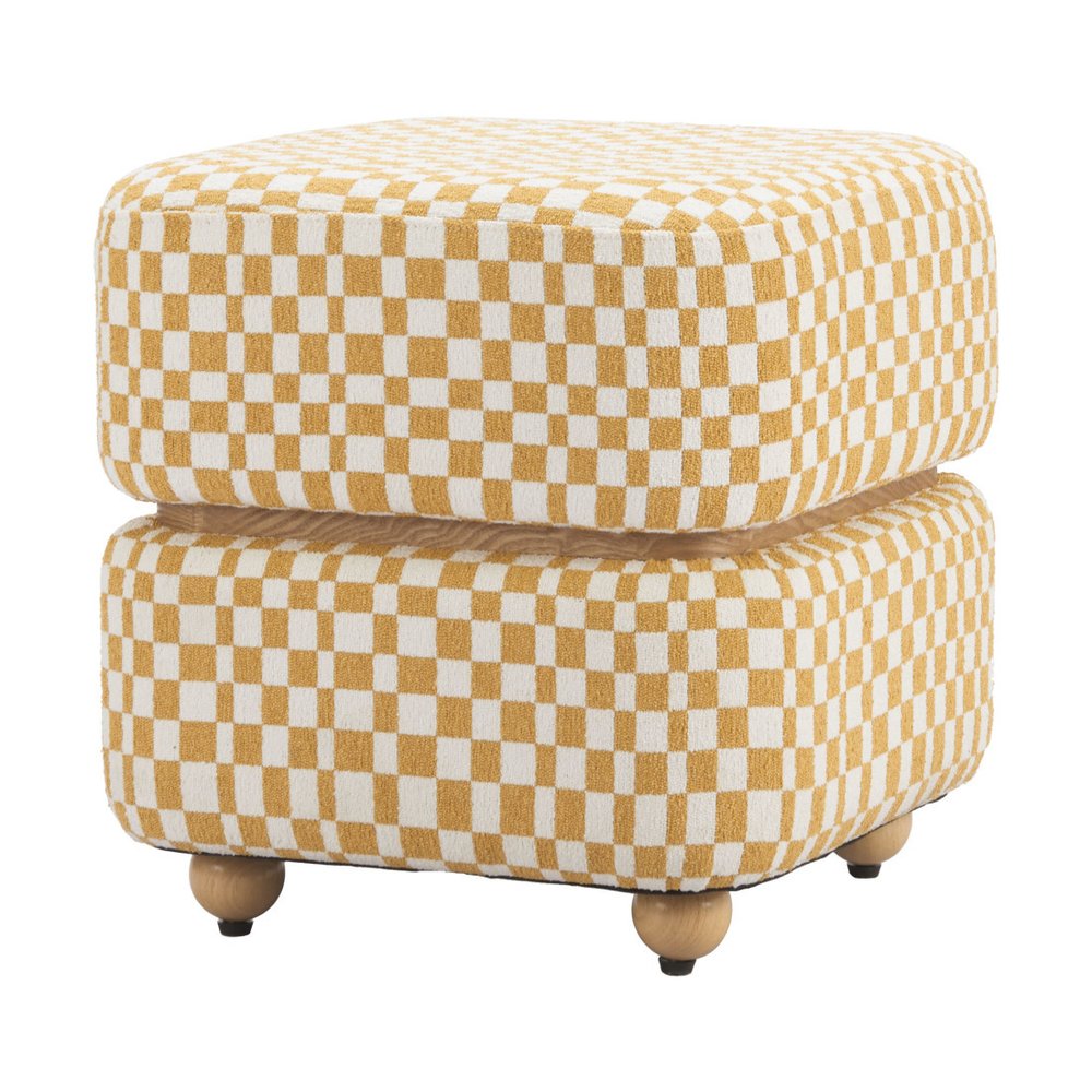 18" White Yellow And Natural Wood And Upholstery Checkered Ottoman — view 8