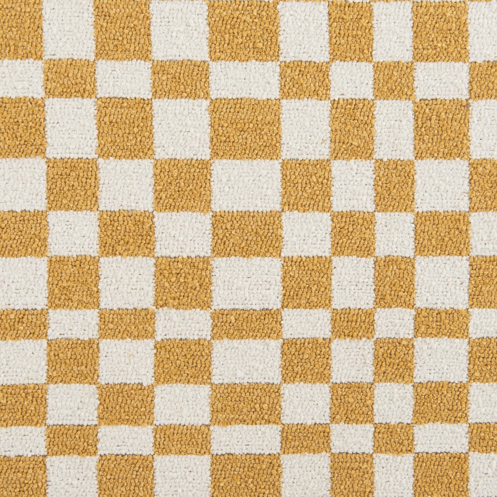 18" White Yellow And Natural Wood And Upholstery Checkered Ottoman — view 9