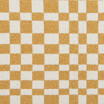 18" White Yellow And Natural Wood And Upholstery Checkered Ottoman HomeRoots