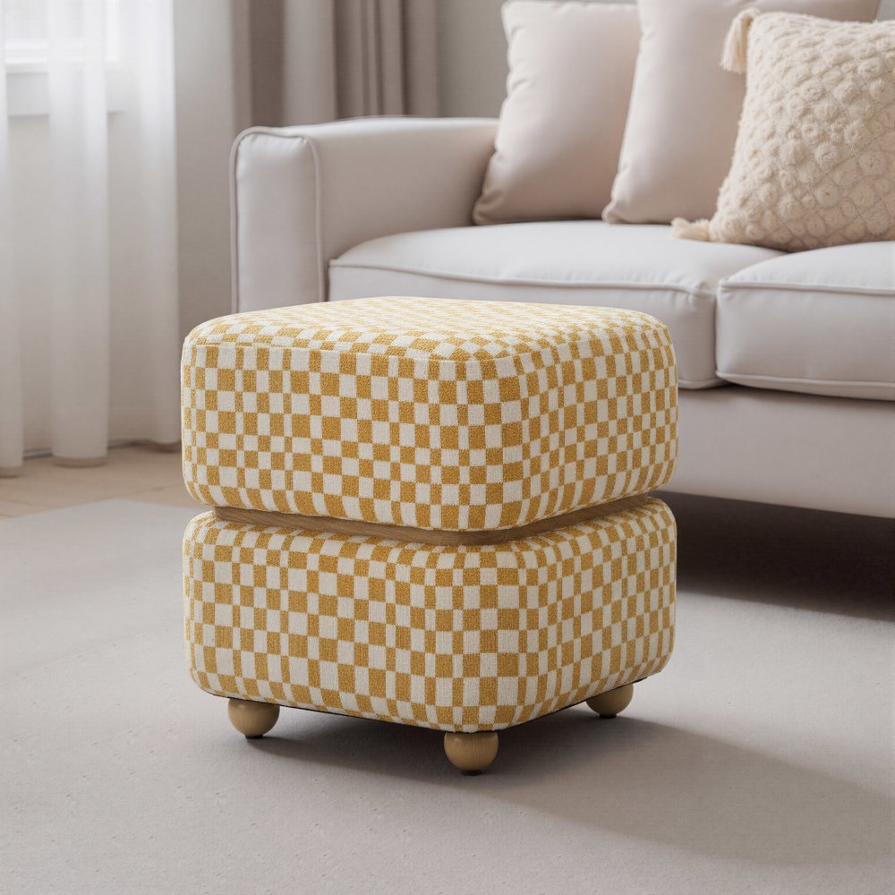 18" White Yellow And Natural Wood And Upholstery Checkered Ottoman — view 10