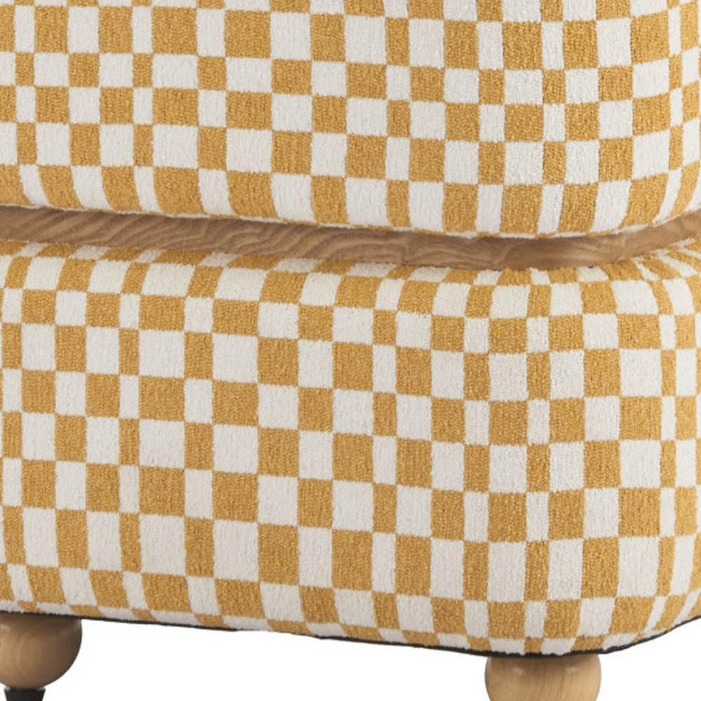 18" White Yellow And Natural Wood And Upholstery Checkered Ottoman — view 1