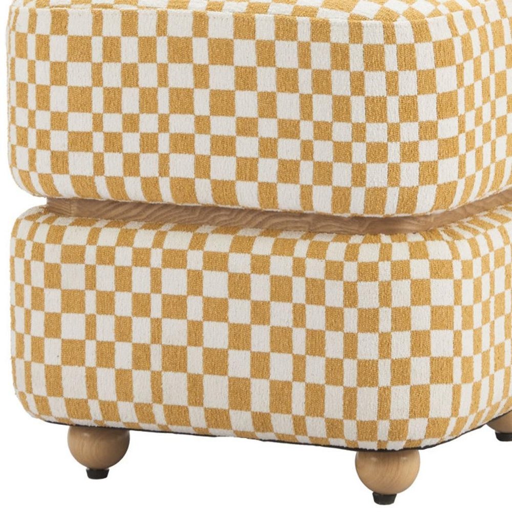 18" White Yellow And Natural Wood And Upholstery Checkered Ottoman HomeRoots
