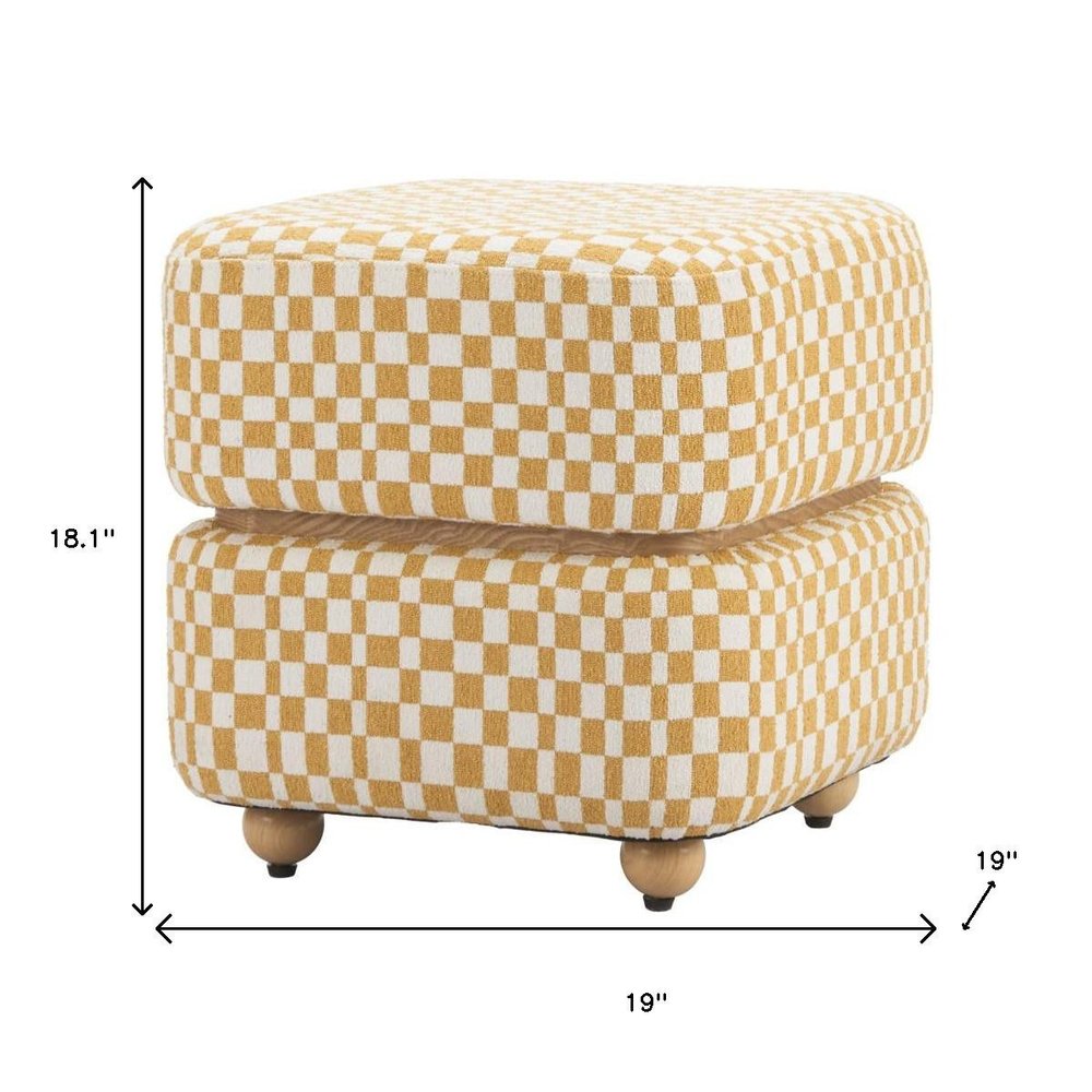 18" White Yellow And Natural Wood And Upholstery Checkered Ottoman — view 3