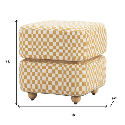 18" White Yellow And Natural Wood And Upholstery Checkered Ottoman