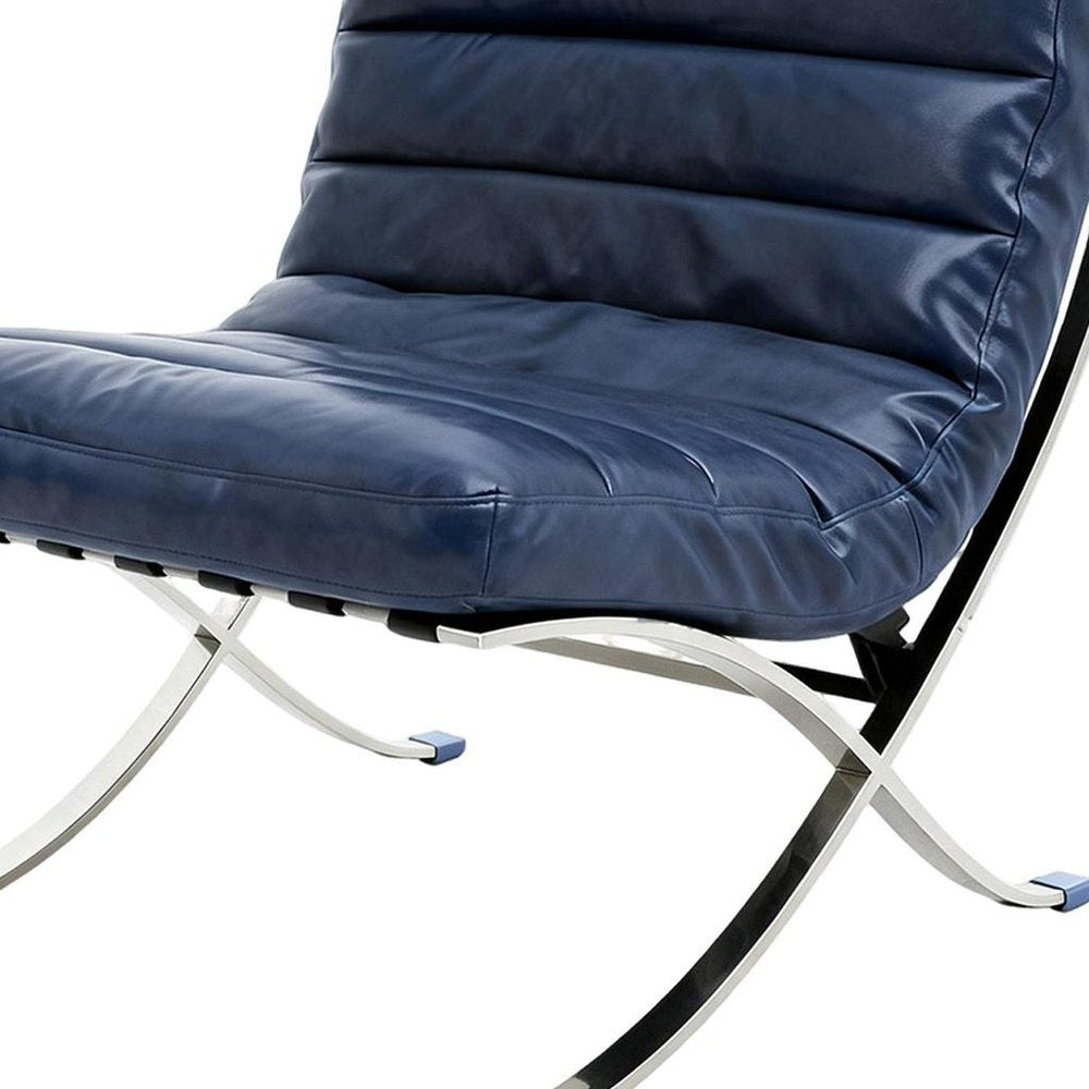 29" Blue and Silver Tufted Leather and Upholstered Folding Lounge Chair HomeRoots