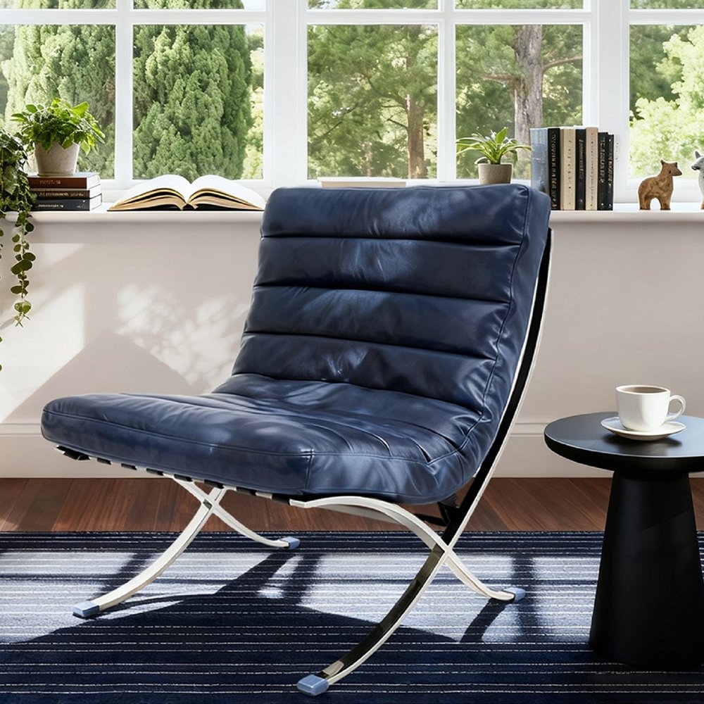 29" Blue and Silver Tufted Leather and Upholstered Folding Lounge Chair HomeRoots