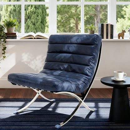 29" Blue and Silver Tufted Leather and Upholstered Folding Lounge Chair HomeRoots