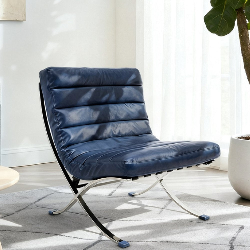29" Blue and Silver Tufted Leather and Upholstered Folding Lounge Chair HomeRoots