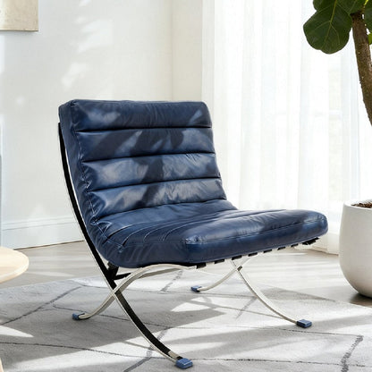 29" Blue and Silver Tufted Leather and Upholstered Folding Lounge Chair HomeRoots