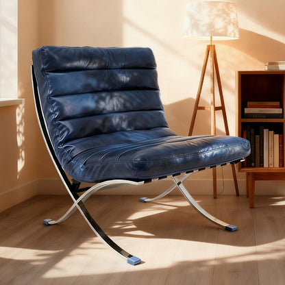 29" Blue and Silver Tufted Leather and Upholstered Folding Lounge Chair HomeRoots