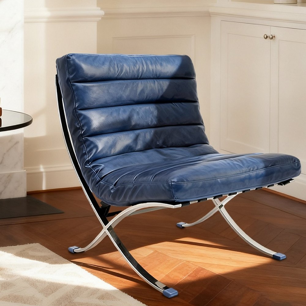 29" Blue and Silver Tufted Leather and Upholstered Folding Lounge Chair HomeRoots