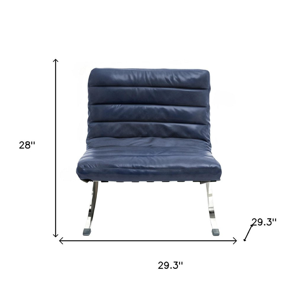 29" Blue and Silver Tufted Leather and Upholstered Folding Lounge Chair HomeRoots
