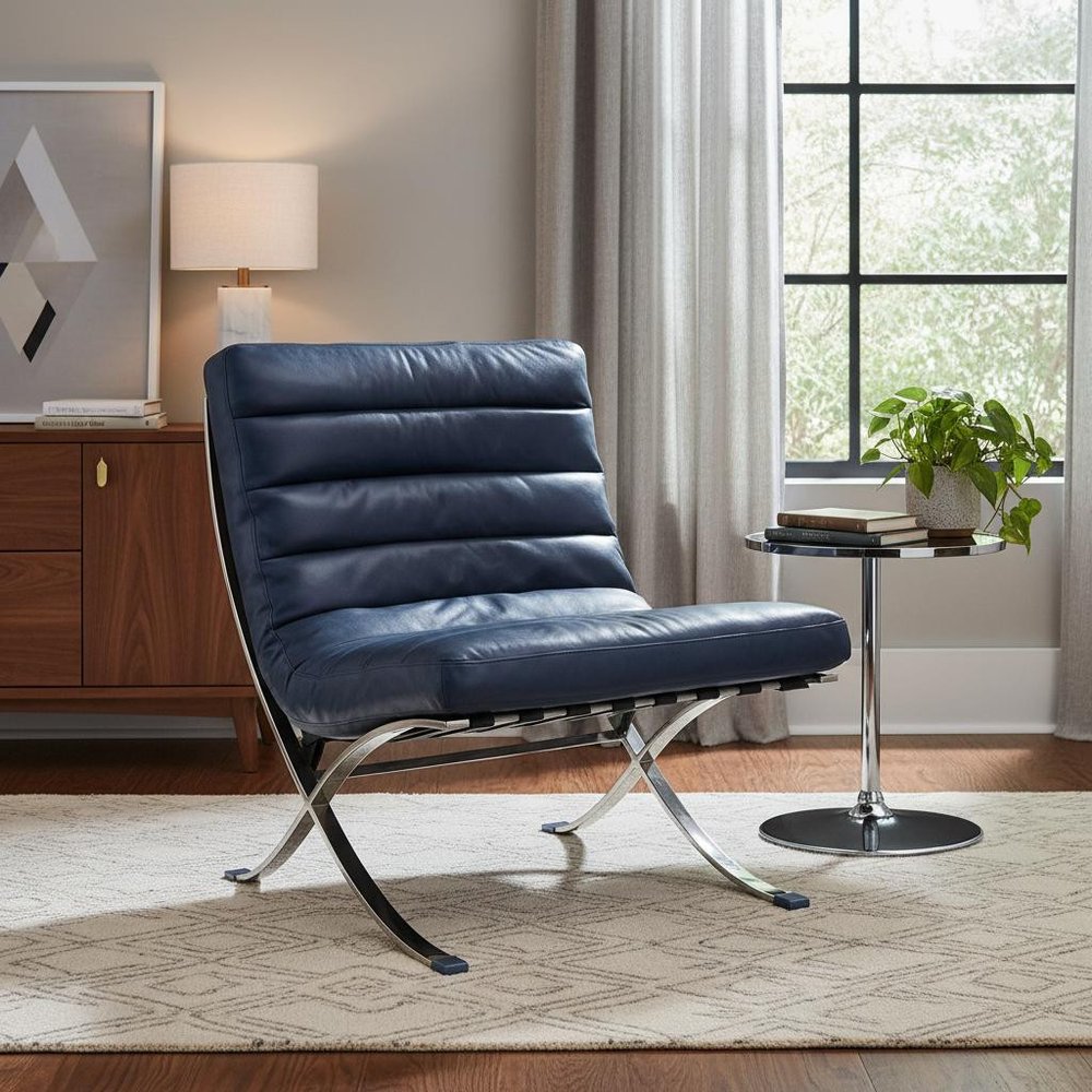 29" Blue and Silver Tufted Leather and Upholstered Folding Lounge Chair HomeRoots