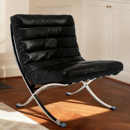 29" Black and Silver Tufted Leather and Upholstered Folding Lounge Chair
