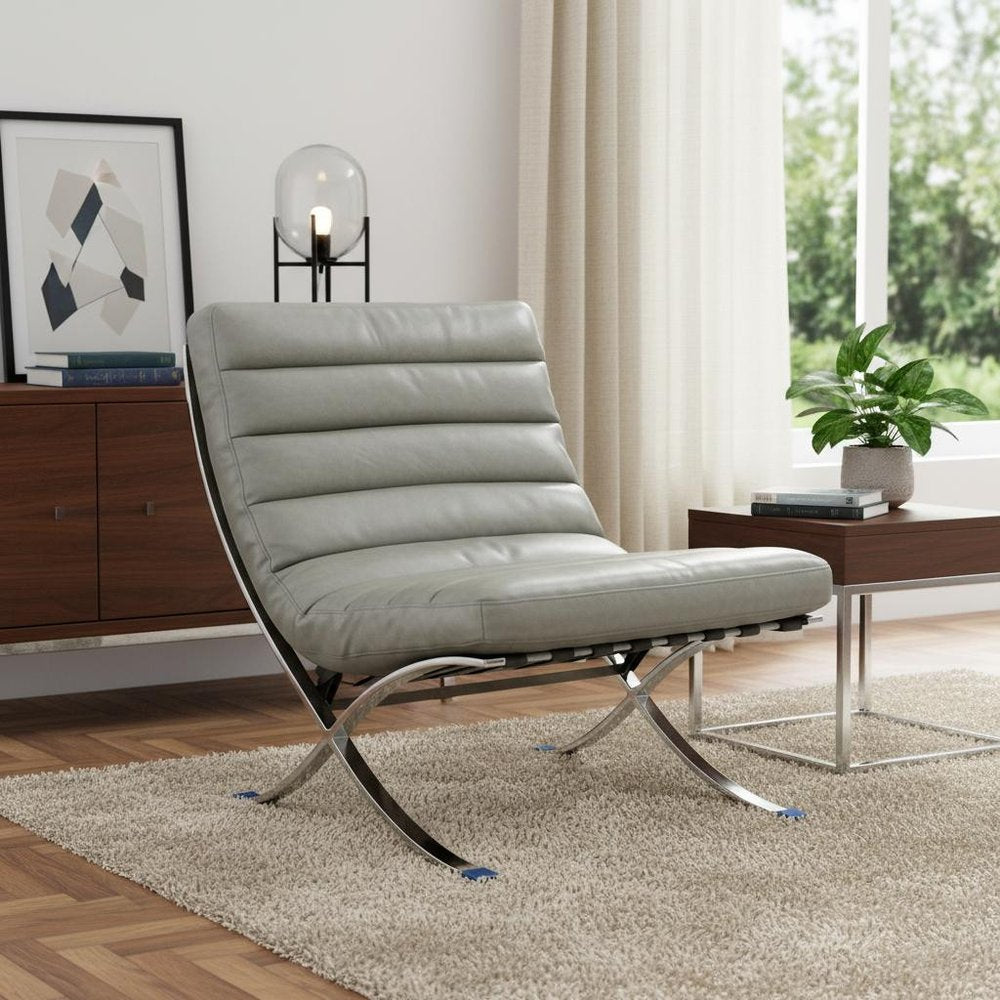 29" Gray and Silver Tufted Leather and Upholstered Folding Lounge Chair HomeRoots
