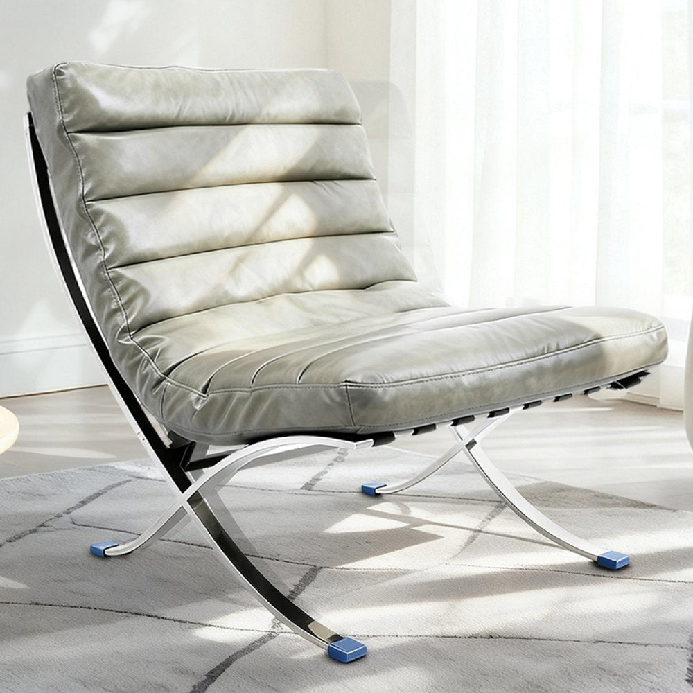 29" Gray and Silver Tufted Leather and Upholstered Folding Lounge Chair HomeRoots