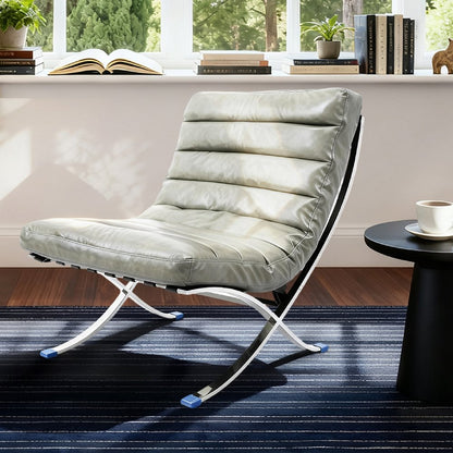 29" Gray and Silver Tufted Leather and Upholstered Folding Lounge Chair HomeRoots