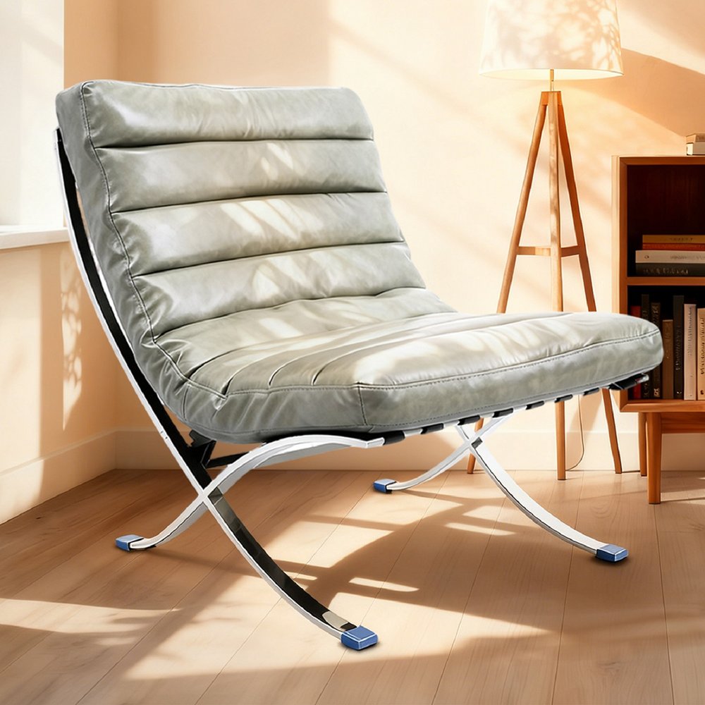 29" Gray and Silver Tufted Leather and Upholstered Folding Lounge Chair HomeRoots