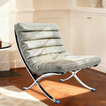 29" Gray and Silver Tufted Leather and Upholstered Folding Lounge Chair HomeRoots