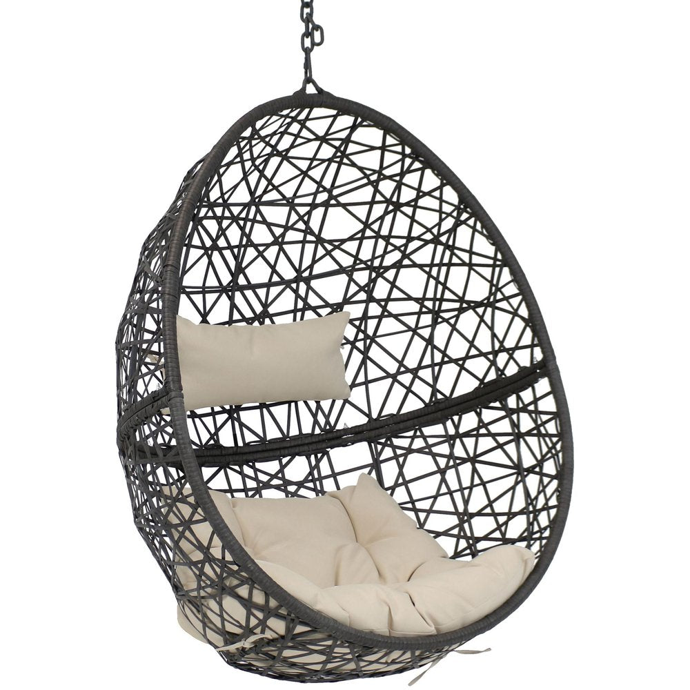 38" Black Steel Outdoor Egg Chair with Beige Cushion HomeRoots