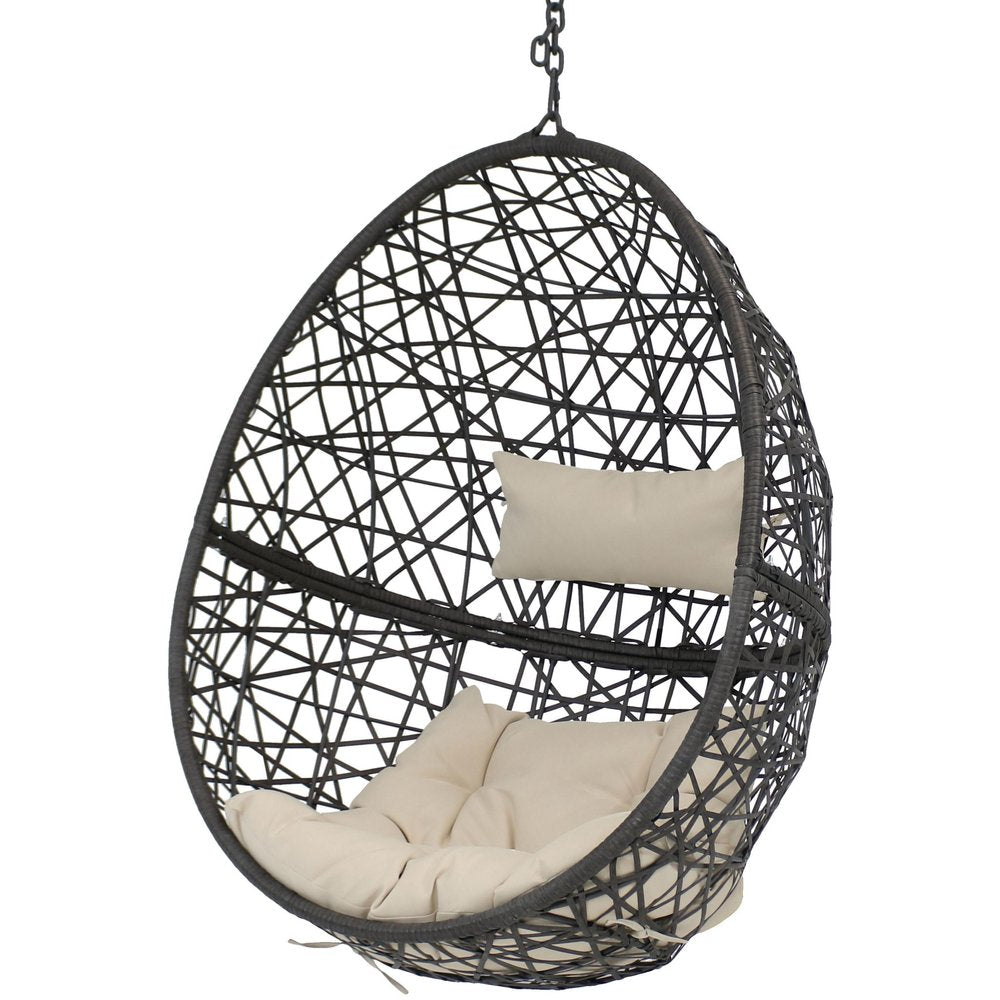 38" Black Steel Outdoor Egg Chair with Beige Cushion — view 5