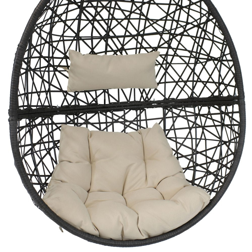 38" Black Steel Outdoor Egg Chair with Beige Cushion — view 3